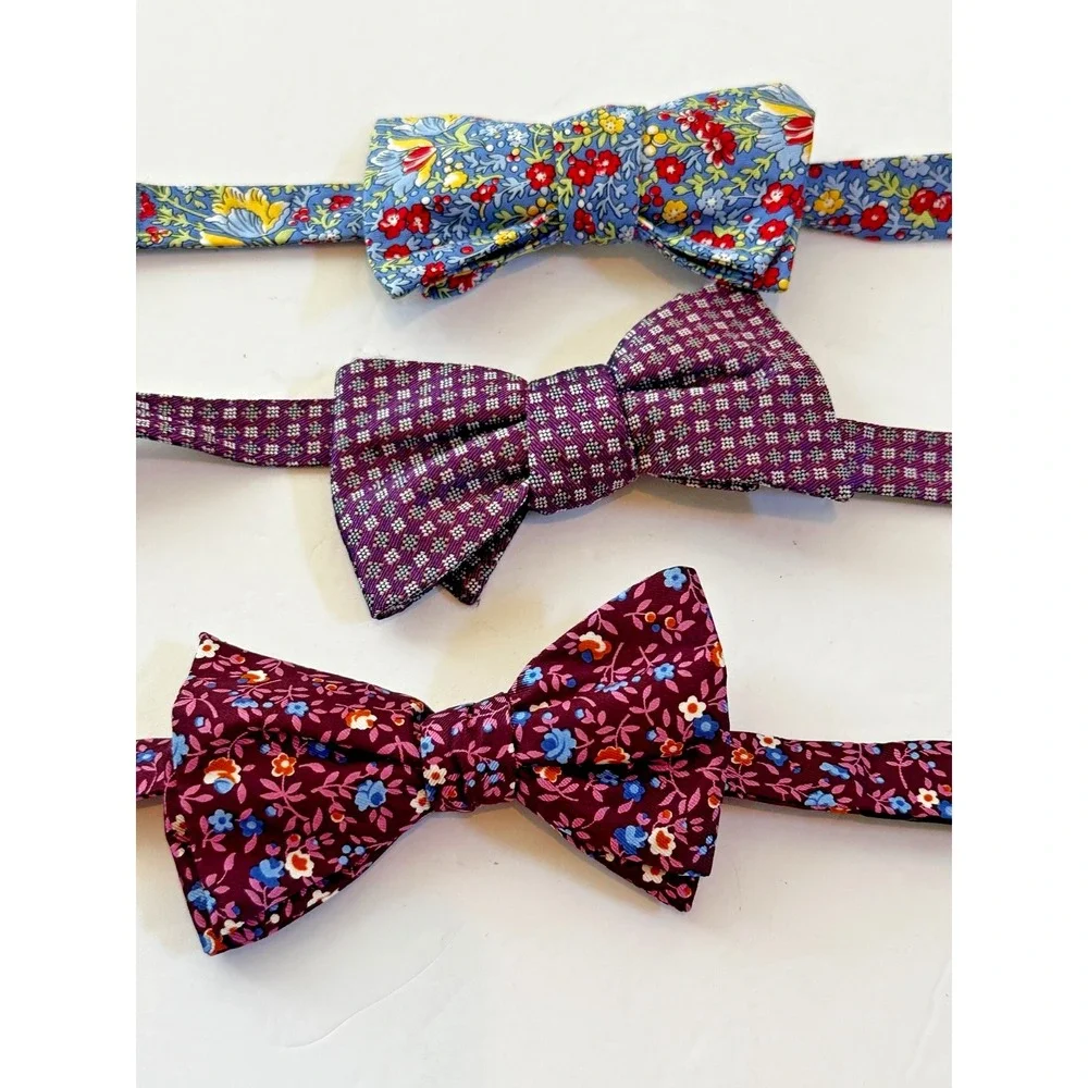 Cremieux Bow Tie Floral Geometric 100% Silk Set of 3 Blue Burgundy Yellow NEW